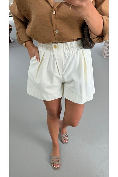 Sezgi Tekin Gold Button Detail Ecru Shorts with Elastic Waist
