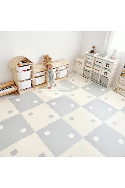 LUDIRO Puzzle Carpet, 4 Pieces 60x60 Cm, EVA Foam, Protection, Teddy Bear Design, White Gray