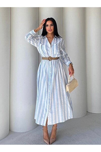 EGZOTİK ASORTİK Linen Dress with Belt and Elastic Waist