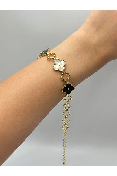 MyladyAccessoriess Black and White Row Clover Detail Steel Bracelet