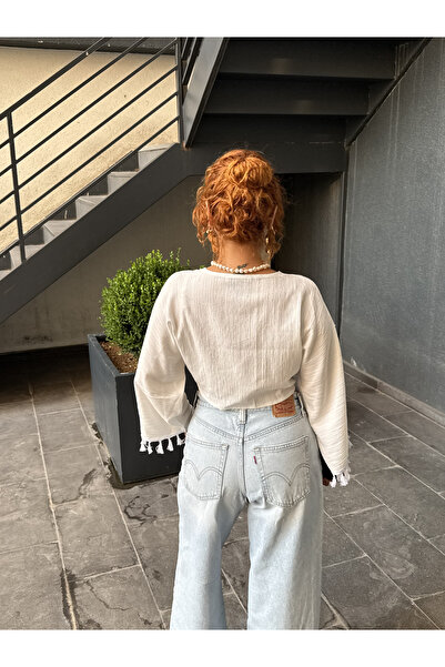 Bak'ap Βαμβακερή μπλούζα με μανίκια με φούντα με λεπτομέρεια