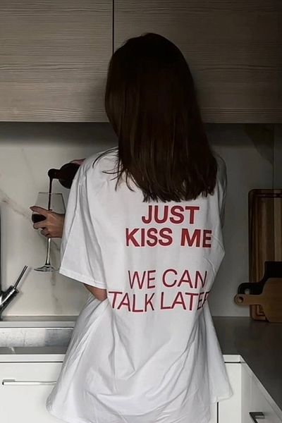 THE RULE Γυναικείο μπλουζάκι Just Kiss Me με στάμπα Oversize 100% βαμβακερό φαρδύ κομμένο μπλουζάκι με μαλακή υφή