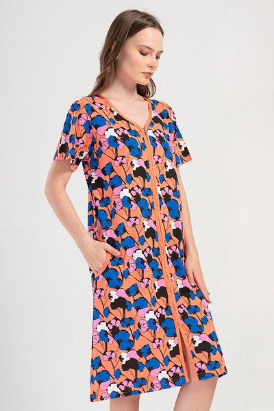 VİENETTA Cotton Women's Plus Size Short Sleeve Zippered Home Dress, 408045