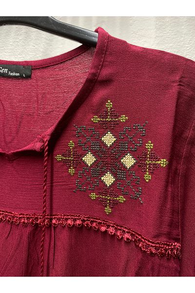 Şen Women's Cotton Ethnic Embroidered Embroidered Tie-Tie Tie-Sleeve Elastic Mother Combed Wide Cut Bluz T-Shirt