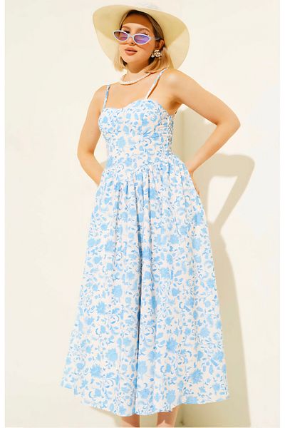 MODA Premium Quality Dress with Blue Floral Breast Pad Lining and Rope Strap
