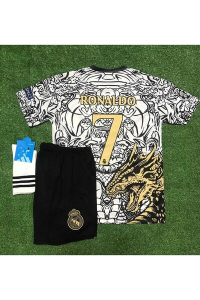 MONTENERO R.Madridd 2023-24 Season Dragon Patterned Cristiano Ronaldo Kids Jersey Set of 3 (Black-White)