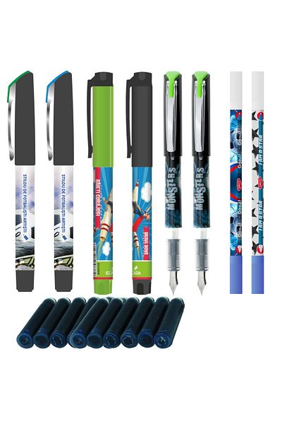 daço Set of 6 school pens for BOYS, 100 ink cartridges, 2 nibs, F-type nib pen