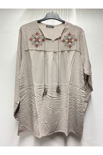Şen Women's Cotton Ethnic Embroidered Embroidered Tie-Tie Tie-Sleeve Elastic Mother Combed Wide Cut Bluz T-Shirt