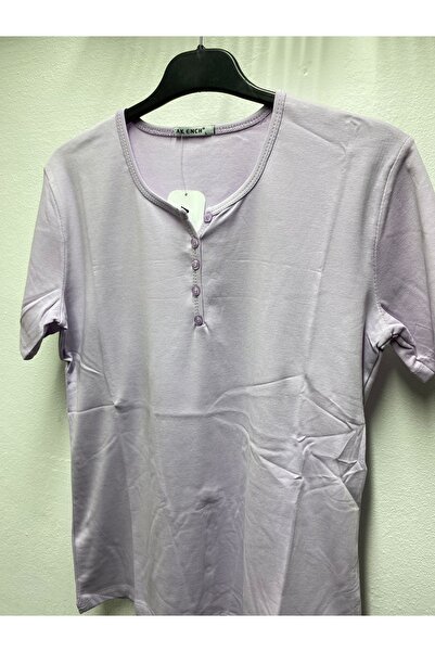 Ak Ench Cotton Solid Color Normal Fit Buttoned Lycra Cotton Ribbon Cotton Short Sleeve Women's Mother's Combed Tee
