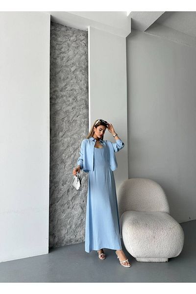 aytenli Gât în ​​U Curea de frânghie Rochie maxi oversize Cămașă de lungime medie Rochie Cămașă Set modal din două piese