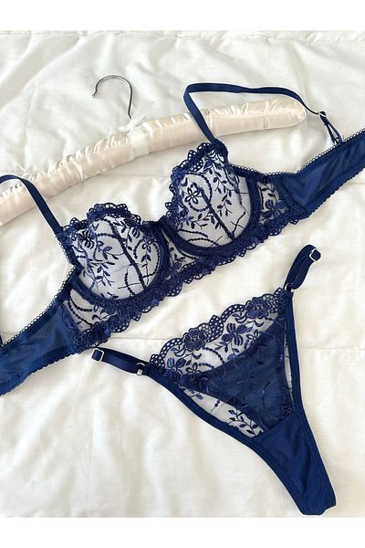 Feruzdesign Marte Navy Blue Underwire Plus Size Bra Set