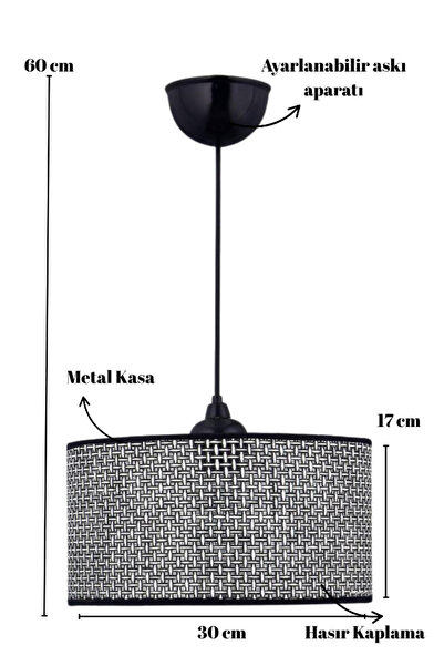 Art&Gift Rakkas Hasır Kaplama Metal Kasalı Silindir Kırçıl Siyah Avize Salon Yatak Odası Rattan Sarkıt