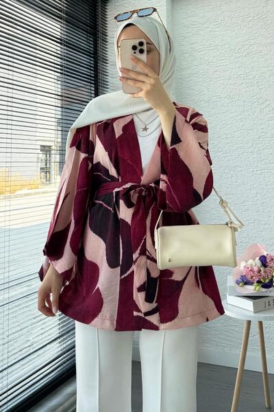 MELEK ARAZ Leaf Patterned Short Kimono - Claret Red