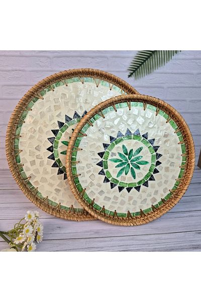 Cozy Nest Handmade Rattan Tray Set of 2 with Mother-of-Pearl Inlay Round Boho Decorative Trays
