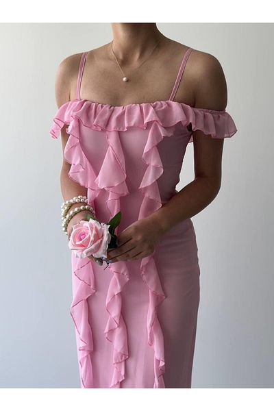 Julidress Lined Midi Length Premium Chiffon Dress with Strap Ruffle Detail