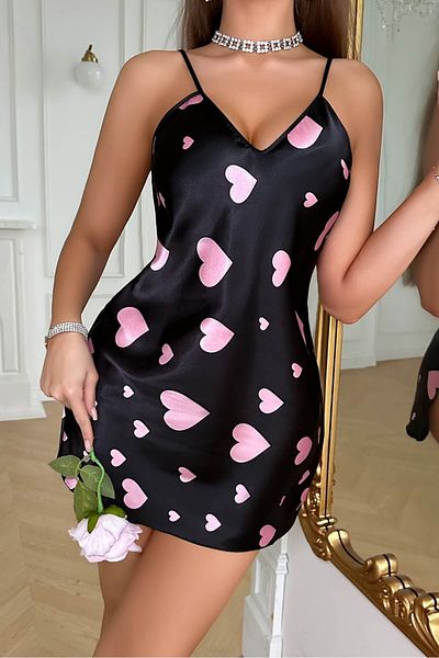 İntive Lingerie Cămașă de noapte din satin negru cu model de inimă roz