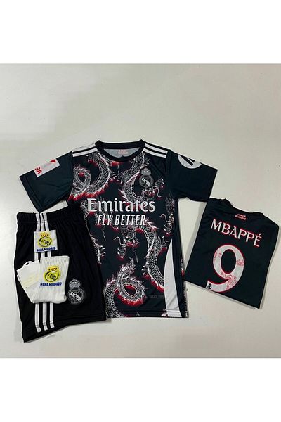 MONTENERO R. Madridd 2024/25 Season Dragon Pattern Kylian Mbappe Kids Jersey Set of 4 (Arma-black-red)