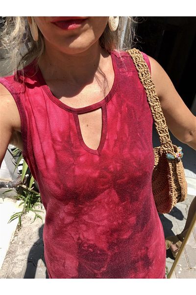 Gözde Tasarım Butik Women's Bordo Pink Color Batik Patterned Viscos Short Daily Dress