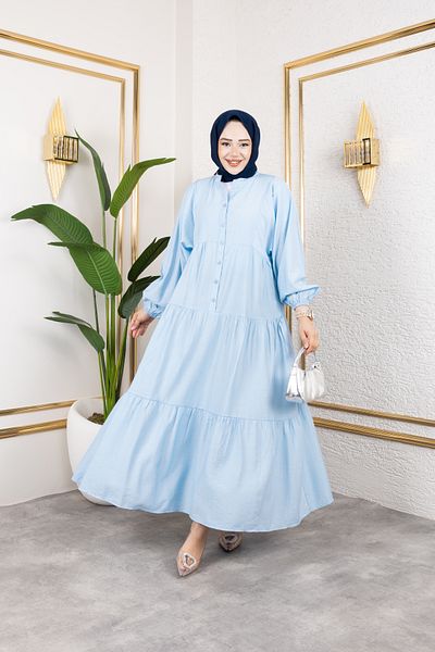 Viskosa Stand Collar Buttoned Floor Skirt Relaxed Fit Long Dress