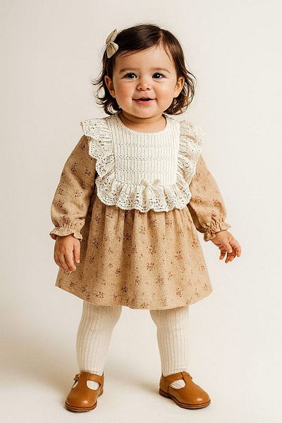 dinamik çocuk Baby Girl Lace Collar Detailed Vintage Floral Patterned Dress Seasonal Stylish Model 3-6-9-12-18-24Months