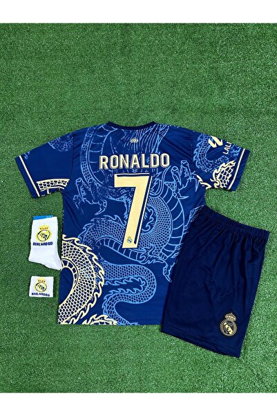 FEEL STYLE Real Madrid Cristiano Ronaldo LACİVERT Dragon Desenli Çocuk Forması 4'lü Set (Armalı)