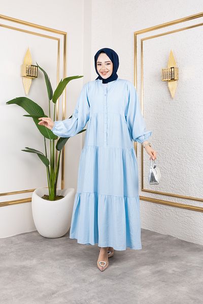 Viskosa Stand Collar Buttoned Floor Skirt Relaxed Fit Long Dress