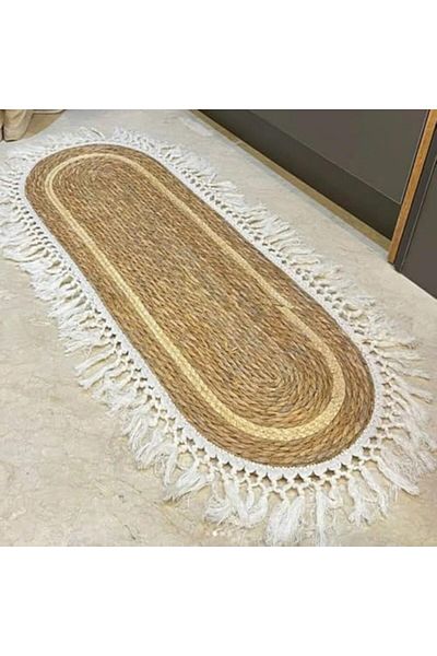 genric FFD Jute Oval Rug with White Stripe Design – Eco-Friendly Natural Fiber Carpet, 100x35cm