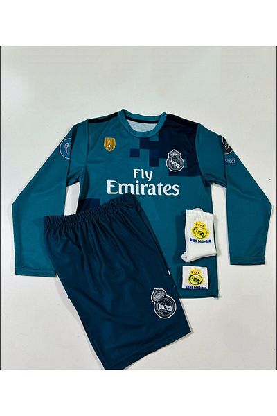 MONTENERO R. Madridd 2018 Cristiano Ronaldo Turquoise Roveşata Long Sleeve Kids Jersey (Set with Coats)