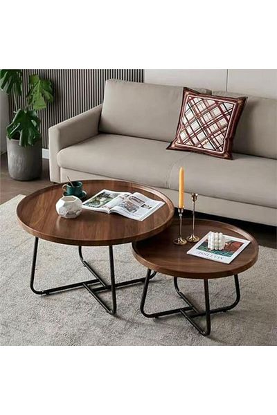 Türkiye Round Coffee Table Set of 2, Side Tables Set, Wood Coffee Table for Living Room, Bedroom, O