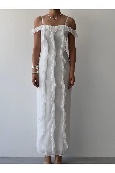 Julidress Lined Midi Length Premium Chiffon Dress with Strap Ruffle Detail