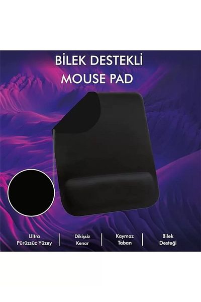 Mu Art Ahşap Mp02 - Quadrilateral Wrist Supported Mouse Pad |   Comfort, Non-Slip Base, Ergonomic, Soft, Home, Office (Black)