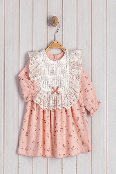 dinamik çocuk Baby Girl Lace Collar Detailed Vintage Floral Patterned Dress Seasonal Stylish Model 3-6-9-12-18-24Months