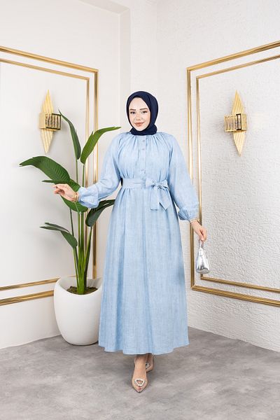 Viskosa Halter Neckline Button Balloon Sleeve Long Dress with Lace-Up Waist