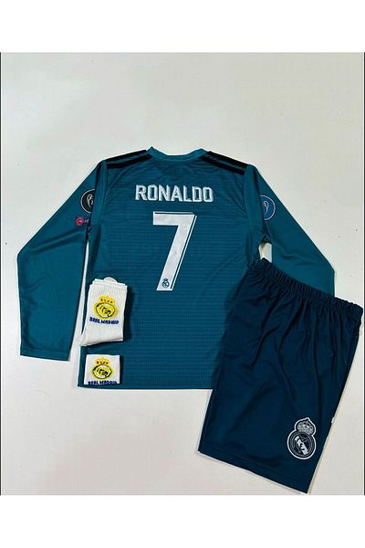 MONTENERO R. Madridd 2018 Cristiano Ronaldo Turquoise Roveşata Long Sleeve Kids Jersey (Set with Coats)