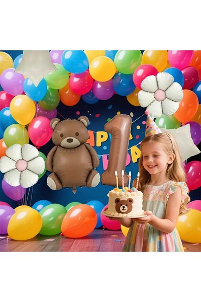 DÜVENCİ TİCARET Chocolate Figure Bear Foil Balloon Birthday1 Year Old Balloon Set