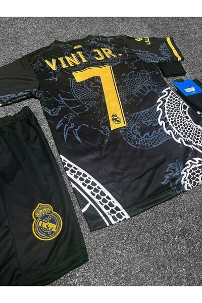 BYSPORTAKUS R.e.a.l M.a.d.r.i.d 2024/25 Yeni Sezon Vini Jr Dragon Desenli Çocuk Forması 3'lü Set (BLACK)