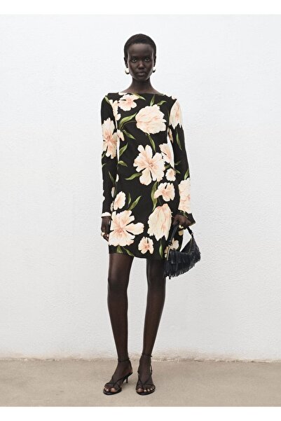 MANGO Woman Çiçek desenli volanlı kollu elbise