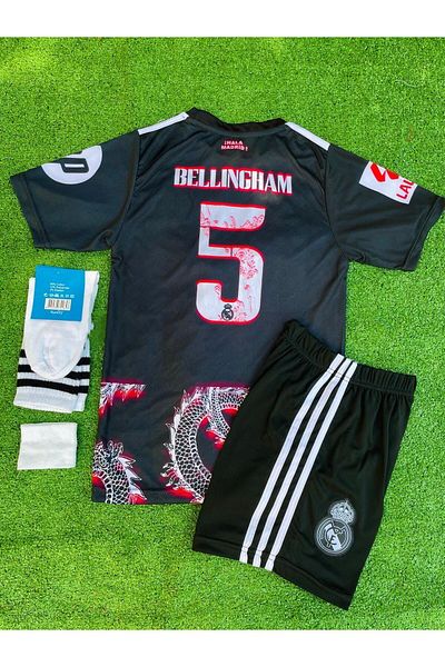MONTENERO R.Madridd 2024/24 Season Jude Bellingham Dragon Pattern Concept Children's Jersey Set of 4 (Black-Red)