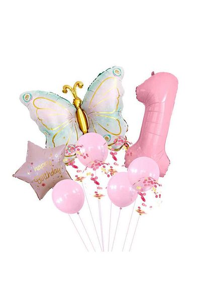 DÜVENCİ TİCARET Pink Butterfly Birthday Party Age Balloon Set
