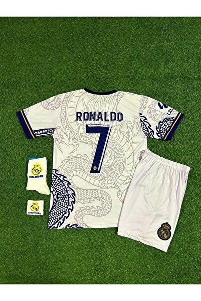 Ronson Real Madrid Cristiano Ronaldo BEYAZ Dragon Desenli Çocuk Forması 4'lü Set (Armalı)