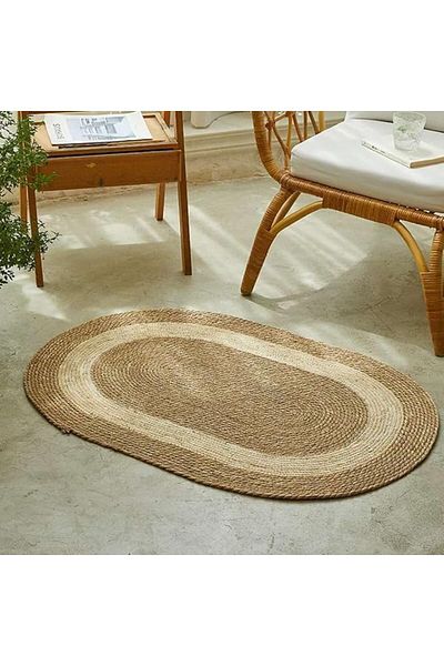 genric FFD Jute Rug Carpet Oval Jute Rug with White Line Design Floor Mat Carpet Jute Door Mat 130x70cm