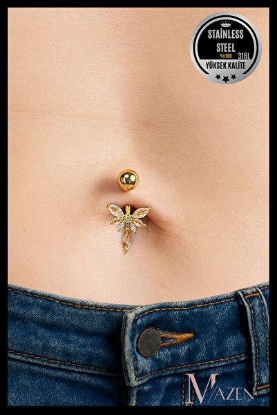 MAZEN 316L Çelik Kelebek Taşlı Göbek Piercingi | Kararmaz & Antialerjik | Şık...