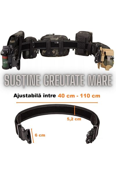 Hipolar Centură tactică militară 130 cm, reglabilă, pentru vânătoare, cu cataramă în 3 puncte, camuflaj negru