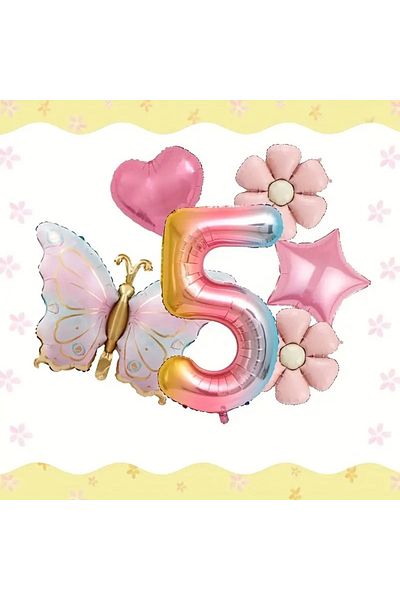 DÜVENCİ TİCARET Birthday Foil Balloon Set with Pink Butterfly, Daisy and Heart Balloons