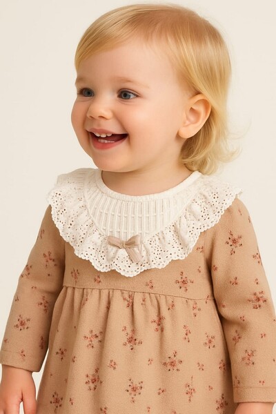 dinamik çocuk Baby Girl Floral Patterned Lace Ruffle Collar 2 Piece Set Long Sleeve Seasonal 3-6-9-12-18-24Months