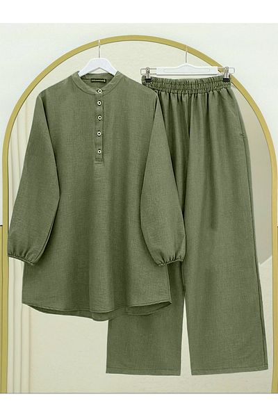 Modamorfo Half Button Collar Elastic Collar Linen Suit -Çağla Y.
