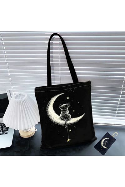 Street Bag Black Cat Crescent Patterned Handbag with Makeup Bag Set Daily Casual Use