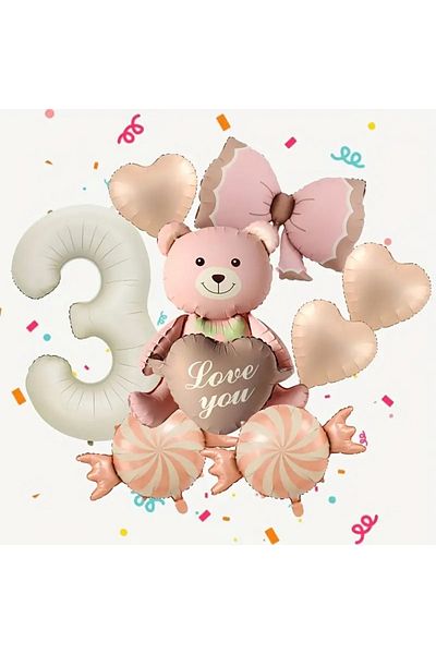 DÜVENCİ TİCARET Pink Ribbon Bear Balloon Set, Candy Heart Number Balloon
