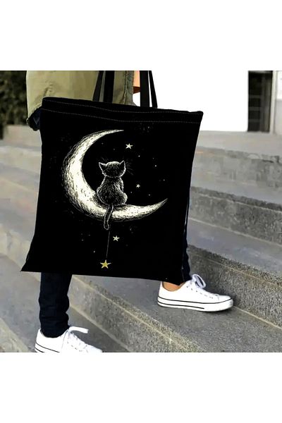 Street Bag Black Cat Crescent Patterned Handbag with Makeup Bag Set Daily Casual Use