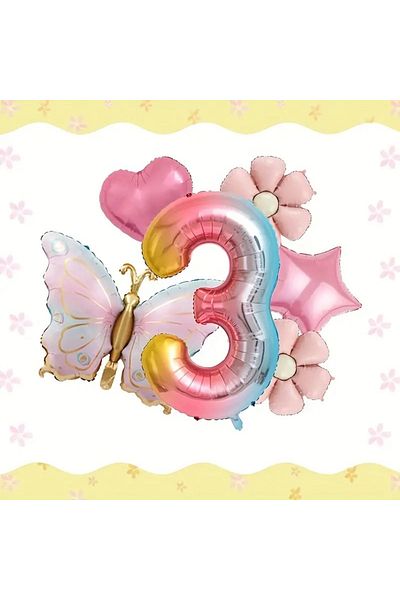 DÜVENCİ TİCARET Birthday Foil Balloon Set with Pink Butterfly, Daisy and Heart Balloons